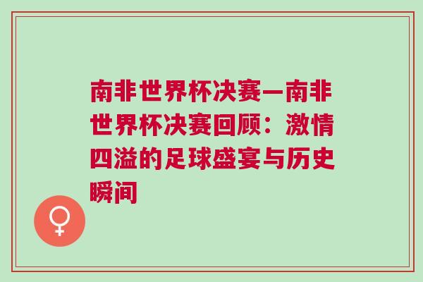 南非世界杯决赛—南非世界杯决赛回顾：激情四溢的足球盛宴与历史瞬间