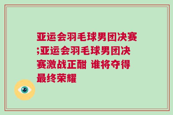 亚运会羽毛球男团决赛;亚运会羽毛球男团决赛激战正酣 谁将夺得最终荣耀